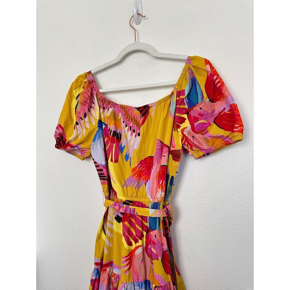 Farm Rio by Anthropologie Neon Macaws Puff Sleeve Maxi Dress Tiered Women Small - Picture 11 of 11